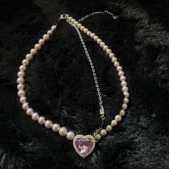 Purple pearl rhinestone heart necklace - Picture 4 of 4